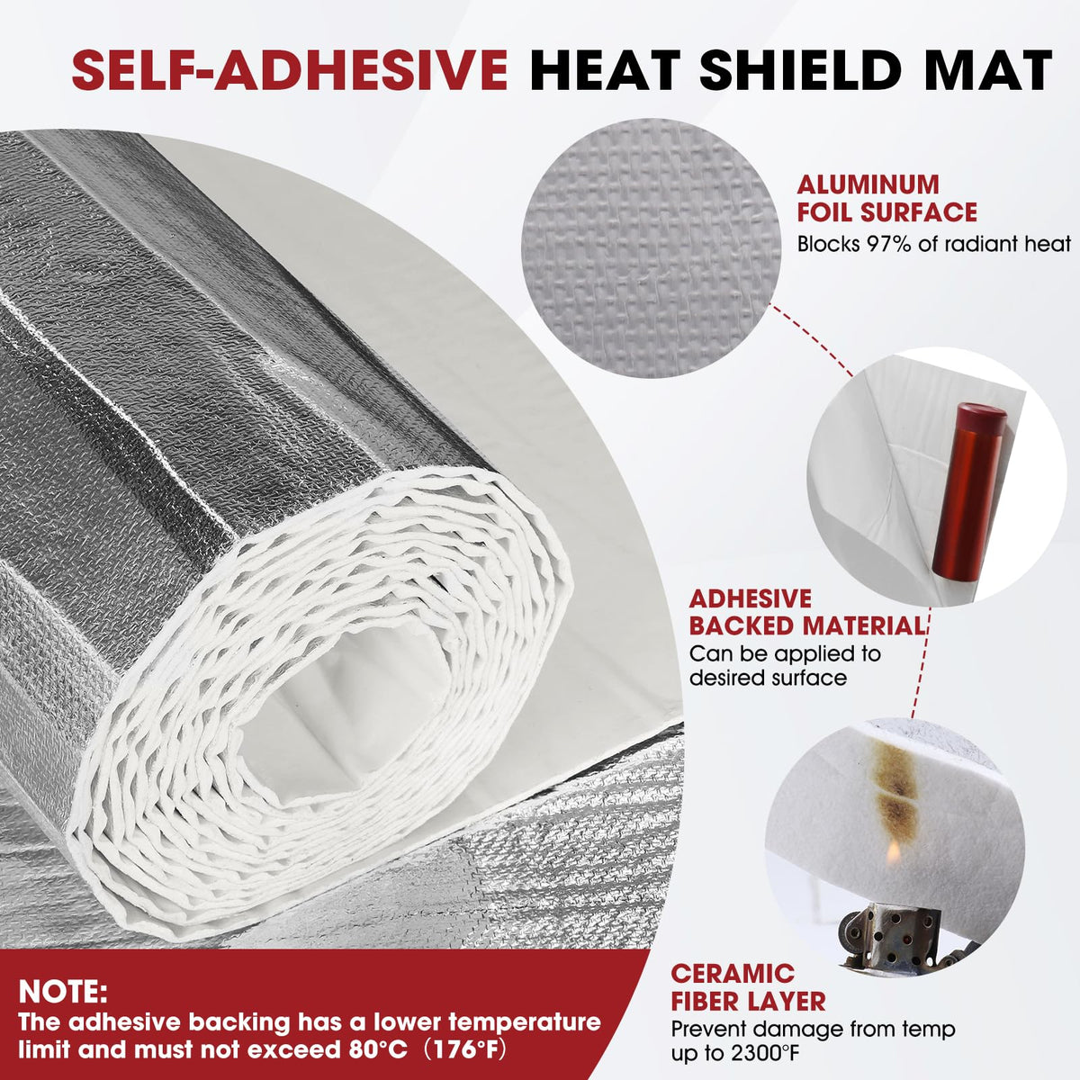 Heat Shield Aluminum Foil Faced Mat 2300℉ Ceramic Fiber Barrier Insulation Thermal Shield Material Sheet Protection from High Temperature (Self-Adhesive, 78mil-20" x 24") 78mil-20" x 24" Self-Adhesive