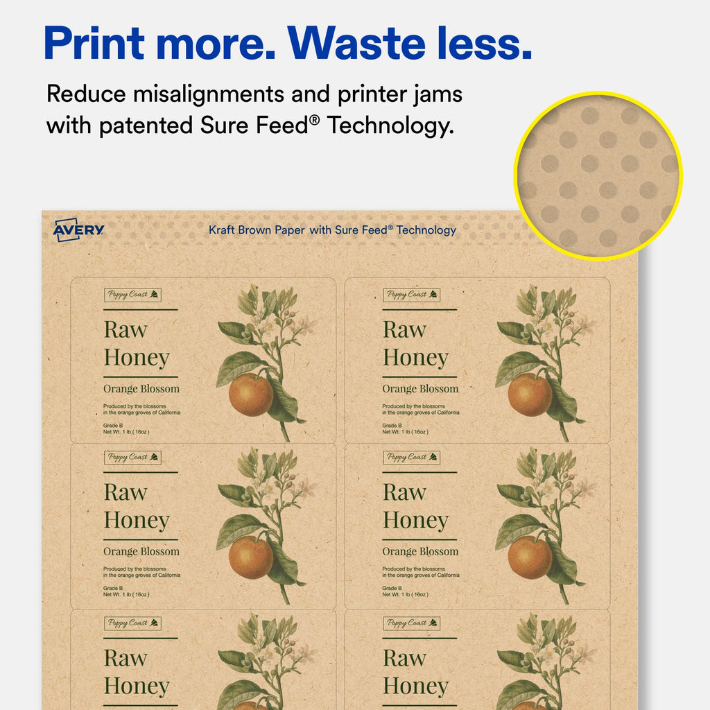 Avery® Kraft Brown Rectangle Labels, 2.5" x 4", Sure Feed Technology, Laser/Inkjet Printer Compatible, 200 Printable Labels Total, Great for Branding, Packaging, Events, and More 200 labels
