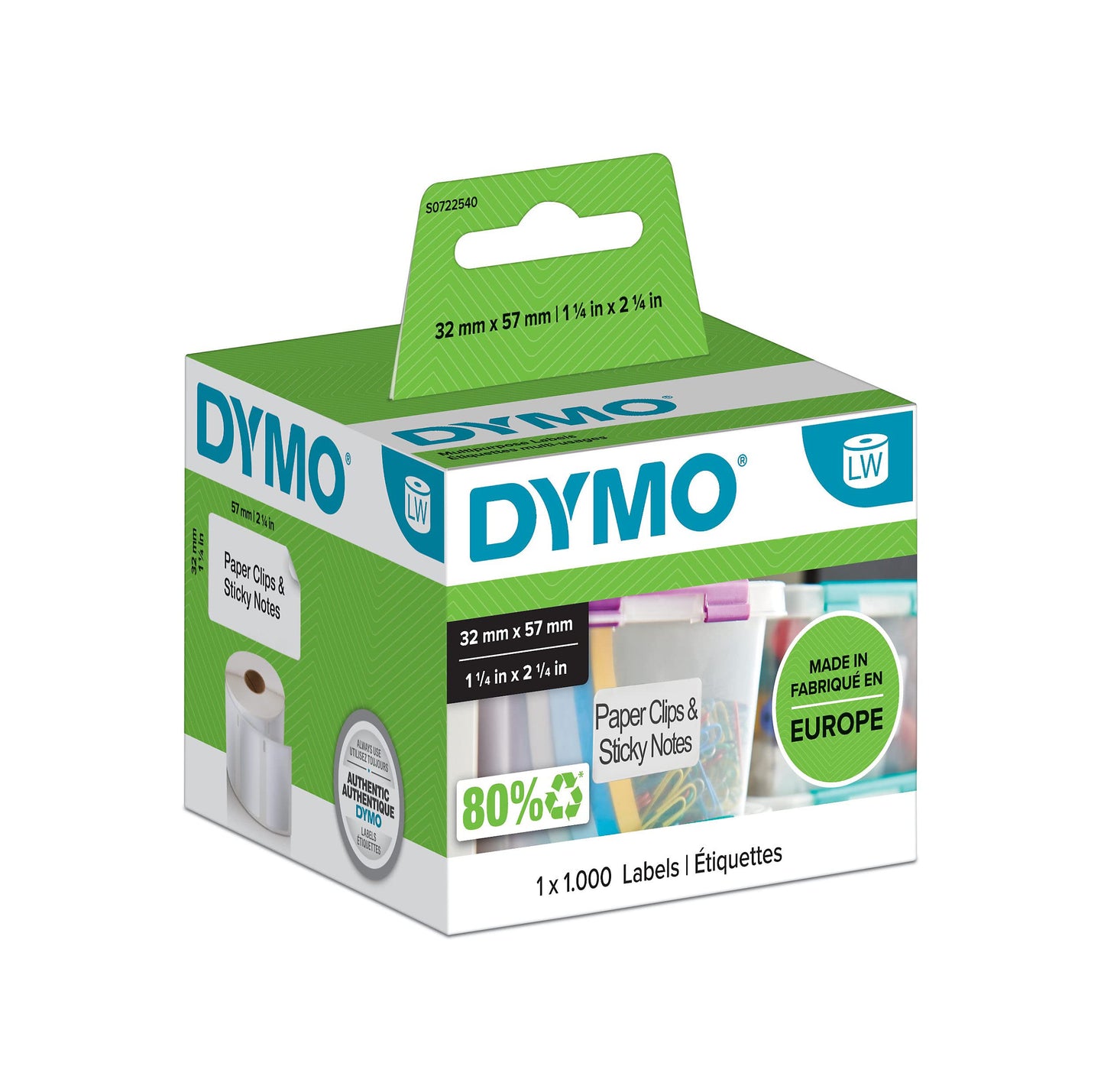DYMO Authentic LabelWriter Multi-Purpose Labels | 57 mm x 32 mm | Self-Adhesive | Roll of 1000 | Easy-Peel Labels | for LabelWriter Label Makers | Made in Europe, White 32 x 57 mm 1 roll