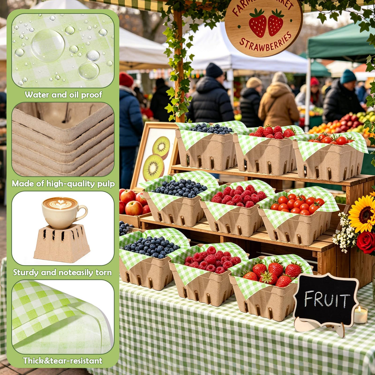 16 Set Farmers Market Decorations Natural Pulp Fiber Berry Baskets Kit with Deli Paper Sheets Bamboo Forks Mini Chalkboard Signs for Farm Stand Strawberry Blueberry Fruit Vegetable Grocery & Party Natural Green 16