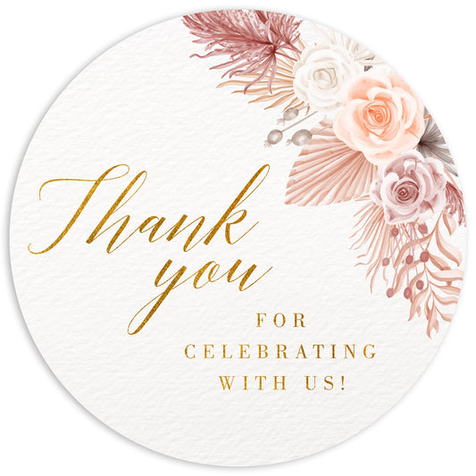 Mobiusea Creation Boho Beige Floral Wedding Thank You Labels Thank You for Celebrating with Us Stickers | 2 inch | Gold Foil | 60pcs Waterproof Favor Labels for Wedding, Bridal Shower, Baby Shower