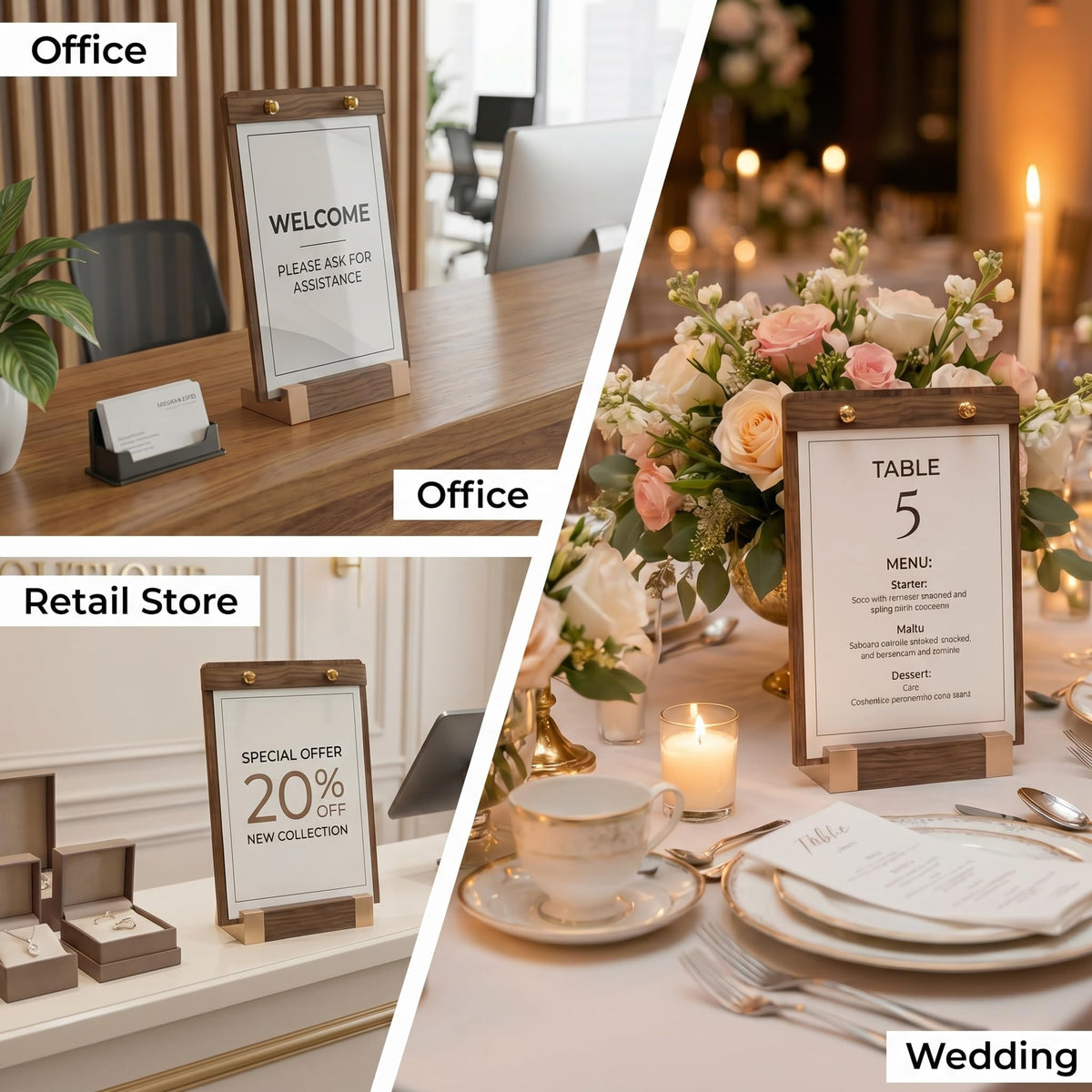 1 Pack Classy Sign Holder 8.5 x 11 with Slanted Wooden Base, Vertical Countertop Menu Display Stand for Coffee Shop, Bakery, Retail, Wedding 8.5x11, 1 Pack