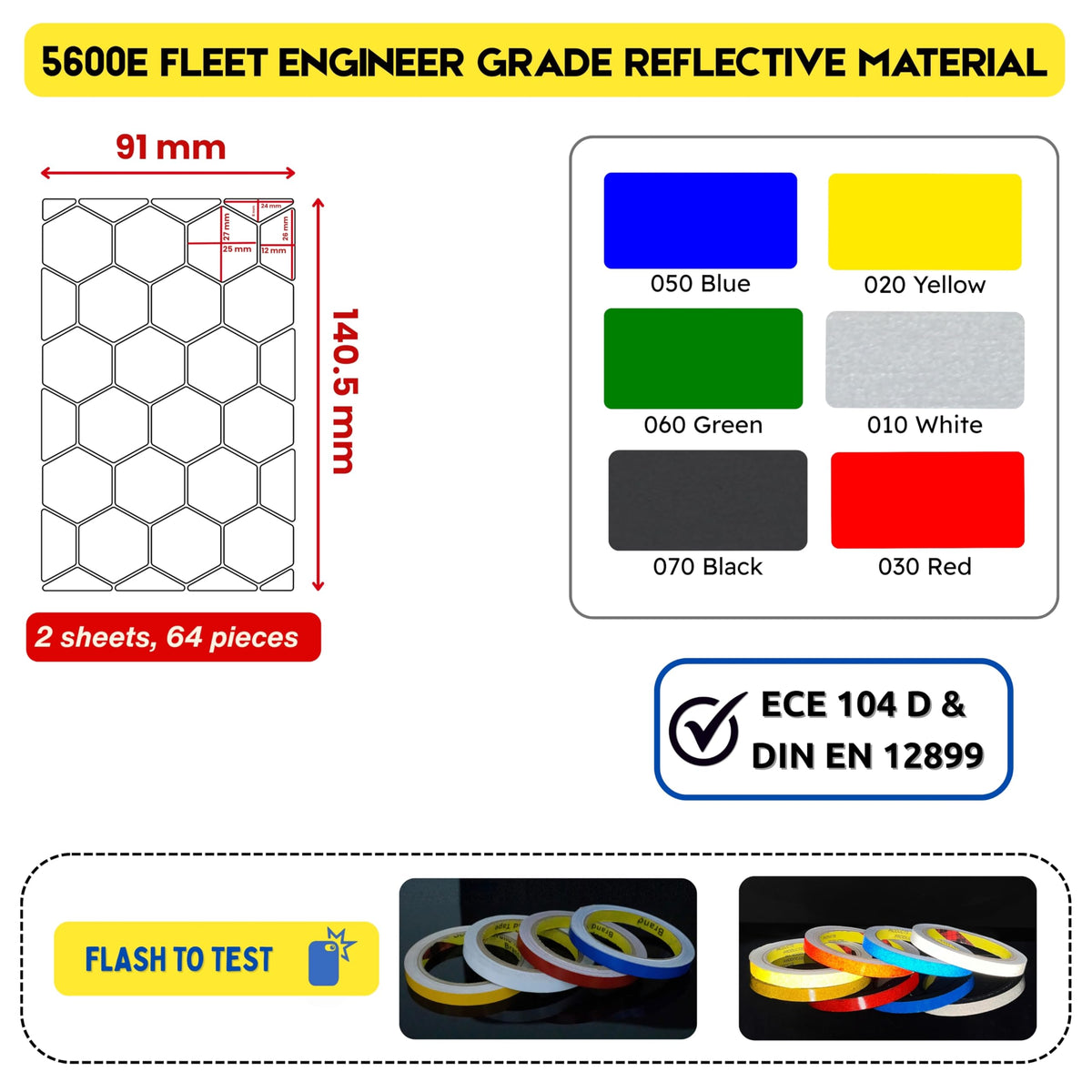 DIN 67520 Hexagon reflectors Reflective Tape Stickers Trailers Cars Motorcycle Fire Helmet Rims Bicycle Decals Vehicles Mailbox Numbers Made with ORA FOL 5600 Material (White, 64Pcs) White