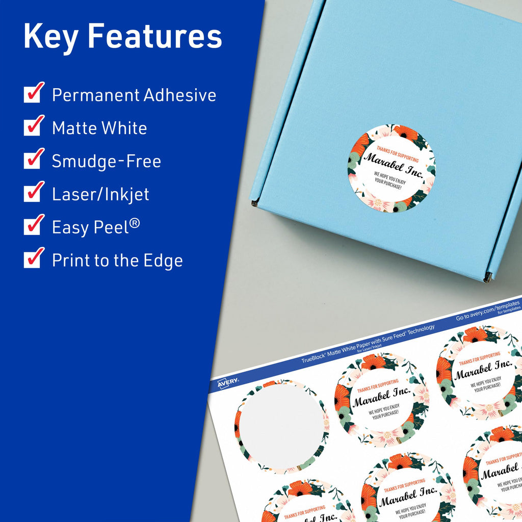 Avery TrueBlock Matte White Round Labels, Sure Feed Technology, 2" Diameter, 1,200 Matte White Labels, Print-to-The-Edge, Laser/Inkjet Printable, Great for Making Stickers or Product Merchandising 1,200 labels