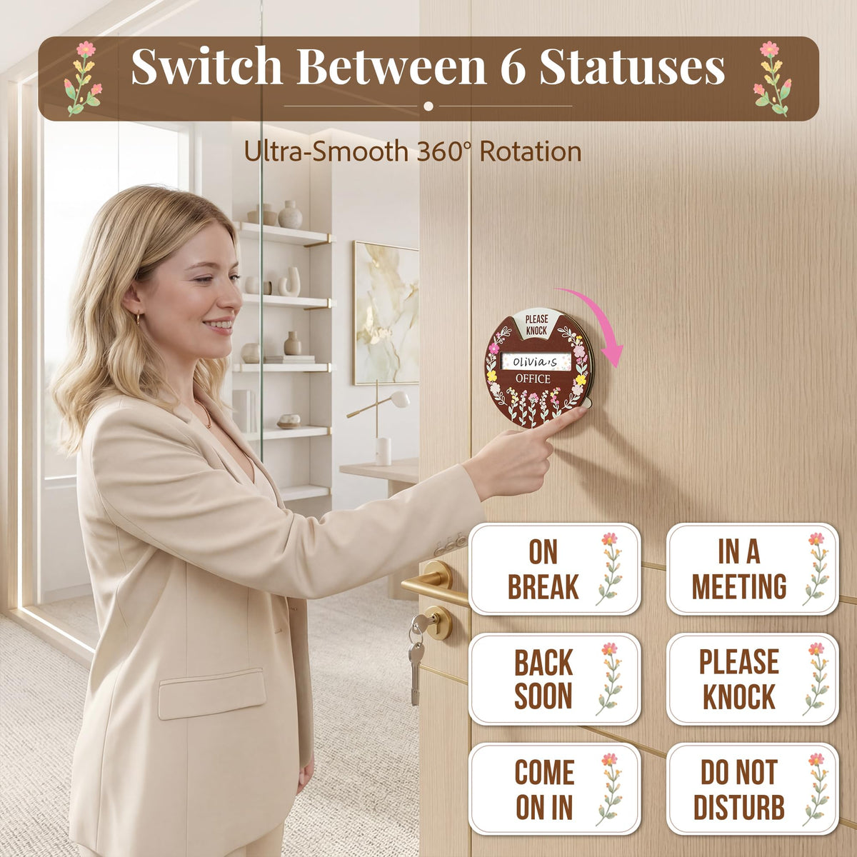 Office Door Signs, Do Not Disturb, In a Meeting, Come on In, Please Knock, On Break, Custom Rotating Wheel Sign with 6 Busy Statuses & Personalized Nameplate, Wooden Privacy Spinner Available and Away for Therapy & Home Office Brown Design 01