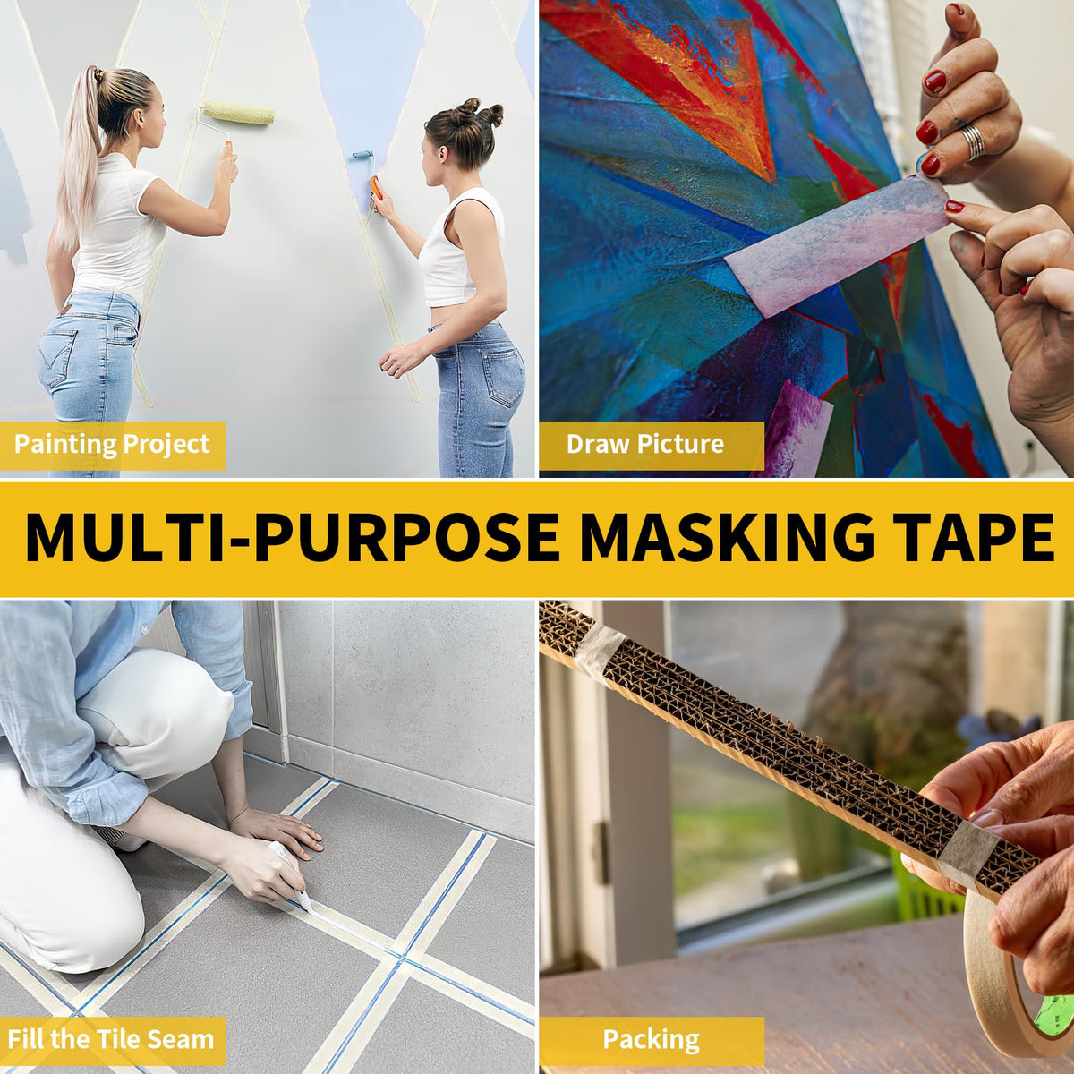 NIUBIER Masking Tape 1 Inch Wide, 4 Pack Painters Tape, Strong Adhesive Labeling Tape, Beige White, 55 Yards per Roll (220 Total Yards) for Home, Office, Labeling, School, DIY, and Crafts 1 Inch x 55 Yards x 4 Rolls