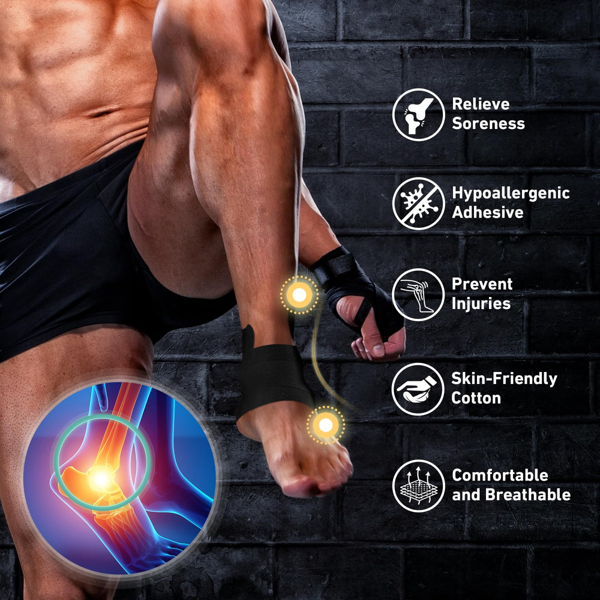 Kinesiology Tape for Ankle, KTQUICK 12 Count Ankle Tape Precut, Original Cotton Waterproof & Breathable, Enhance Elastic Kinesiology Athletic Tape for Ankle Support and Muscle to More Sports (Black) Black