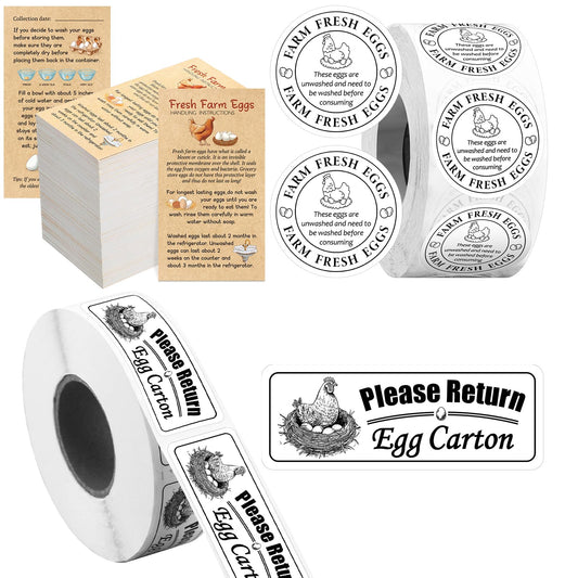 Fresh Farm Egg Packaging Set Include 500 Pcs Farm Fresh Eggs Carton Labels Roll 200 Pcs Double Sided Egg Handling Instruction Cards 500 Pcs Please Return Egg Carton Labels Stickers Roll