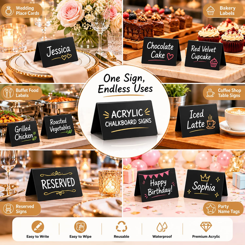 20 Pack Acrylic Chalkboard Signs with 8 Liquid Chalk Markers & 2 Cleaning Cloths, Reusable Double Sided Mini Table Signs