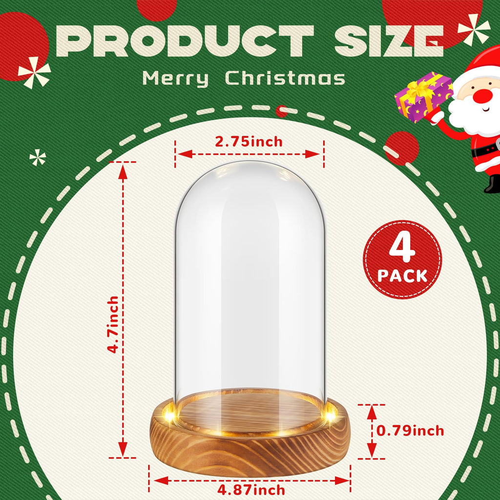 4 Pack 4.72'' x 2.76'' Christmas Glass Cloche Domes with Light Wood Base 4.72'' x 2.76''