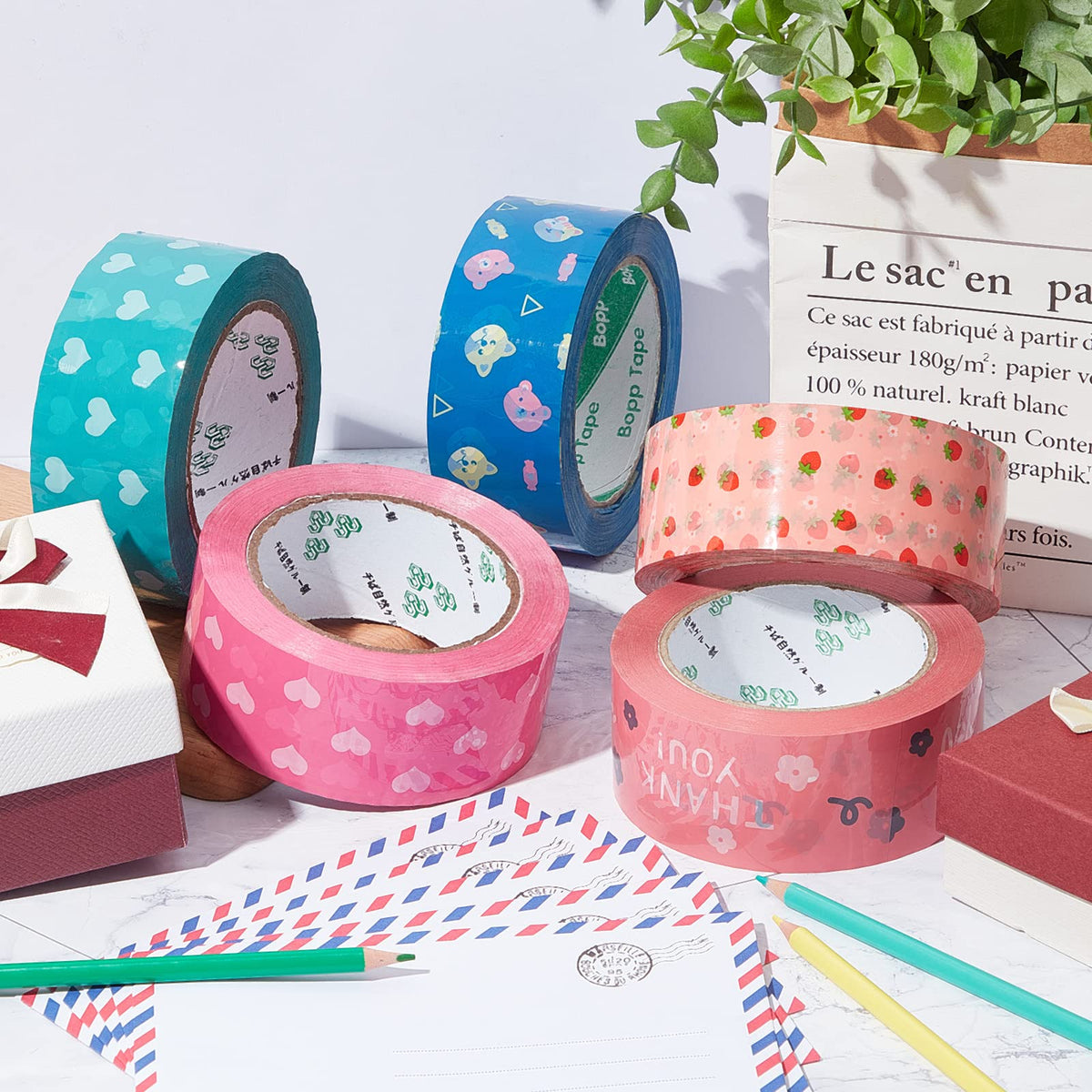 Epakh 5 Rolls Heart Printed Decorative Packing Tape, 1.77 Inch x 110 Yard
