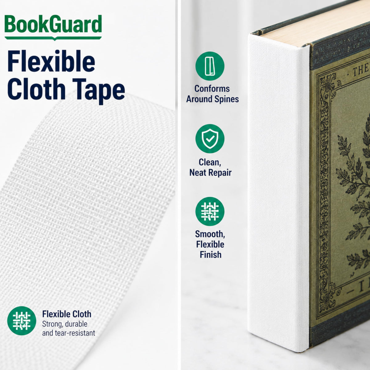 BookGuard 1 Inch White Book Binding Tape, Flexible Cloth Book Repair Tape for Spines, Covers, Textbooks, Hymnals, Bibles and Library Books, 15 Yard Roll 1" Wide