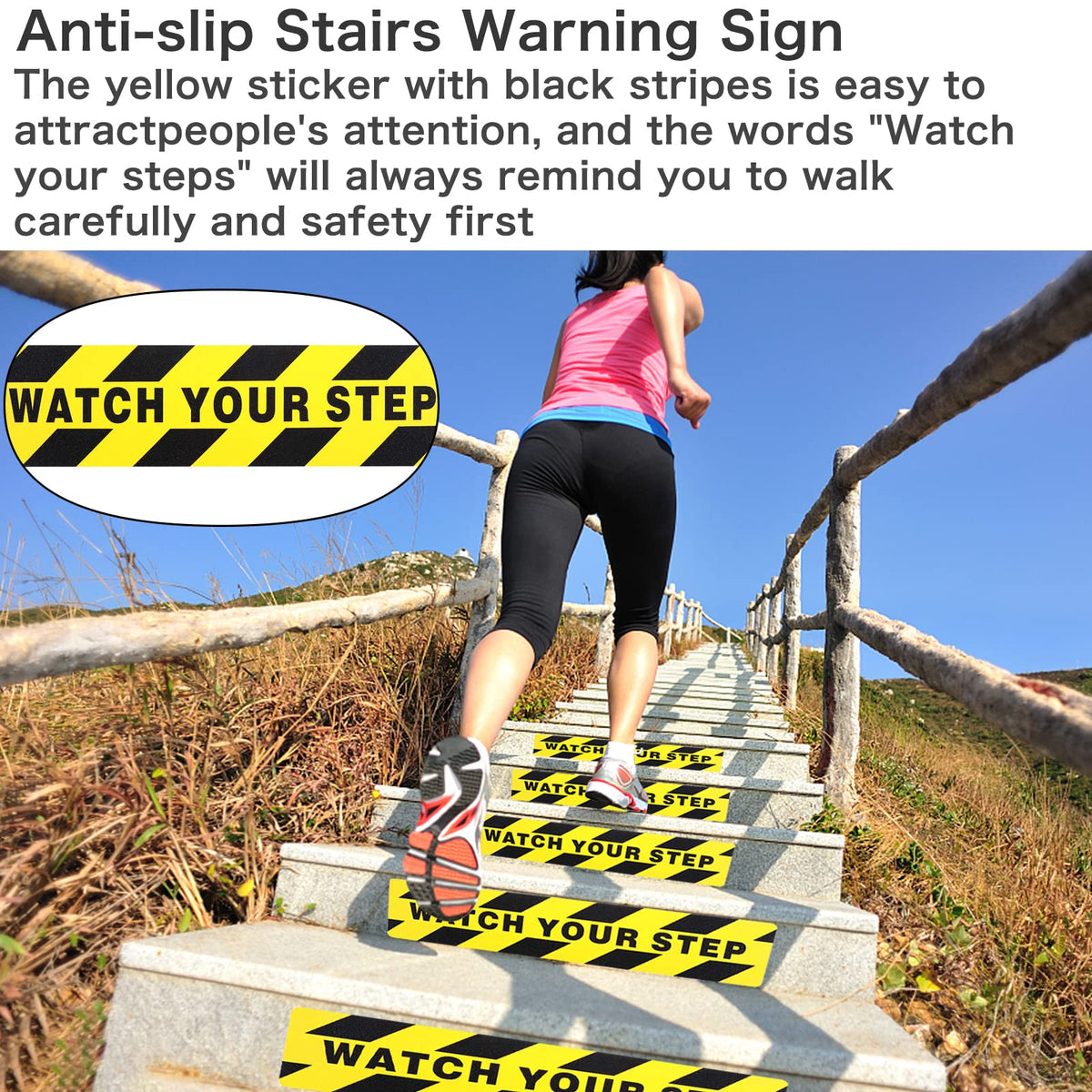 3-Pack Watch Your Step Sticker Sign Stair 6 x 24 Inch Caution Watch Your Step Floor Decals Warning Sticker Adhesive Tape Anti Slip Abrasive Tape for Workplace Safety Wet Floor Caution