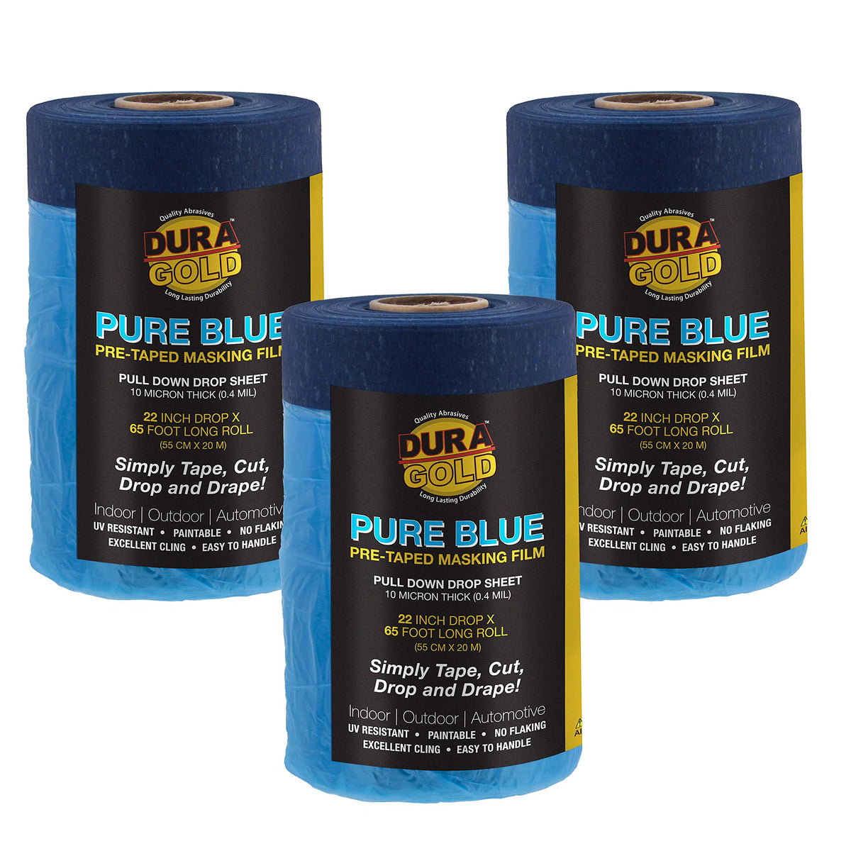Dura-Gold 22" x 65' Pure Blue Pre-Taped Masking Film, (3 Pack) Painters Plastic Roll (0.4 Mil), Pull Down Drop Sheet, Pre-Taped Plastic Sheeting for Painting Protection on Auto, Walls, Furniture
