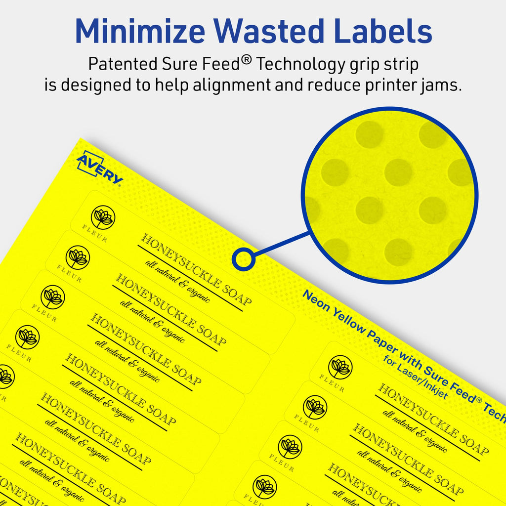 Avery® Printable Rectangle Labels, Sure Feed® Technology, 2/3" x 3-7/16", Neon Yellow Labels, Laser/Inkjet Printable, 600 Total, Great for Mailing and Packaging 600 labels