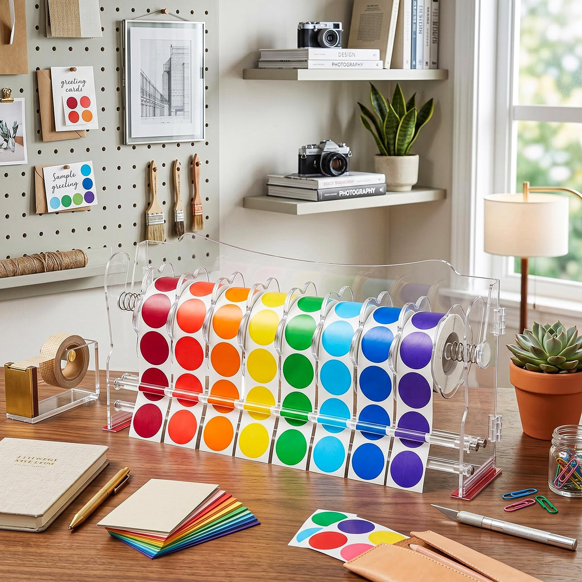 Adjustable Label Dispenser, 9 Disks Acrylic Roll Sticker Dispenser