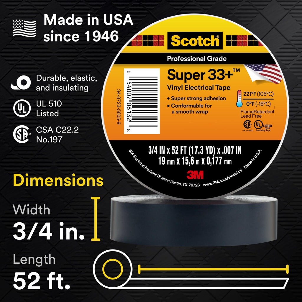 3M Scotch Super 33+ Electrical Tape, 3/4 in x 52 ft, 1 Roll, Black