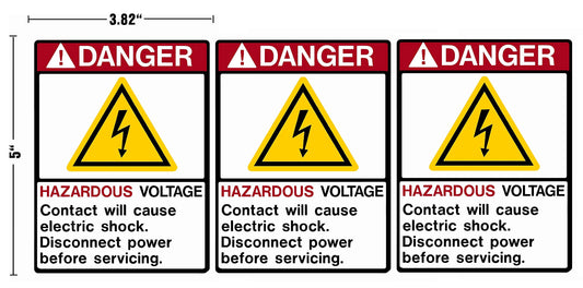 Danger Hazardous Voltage Decal Sticker, 3x5 Inch, Pack of 3, Warning Sign for Electric Shock Risk, Durable Weatherproof Adhesive, Safety Labels for Equipment, Industrial Use, OSHA Compliant