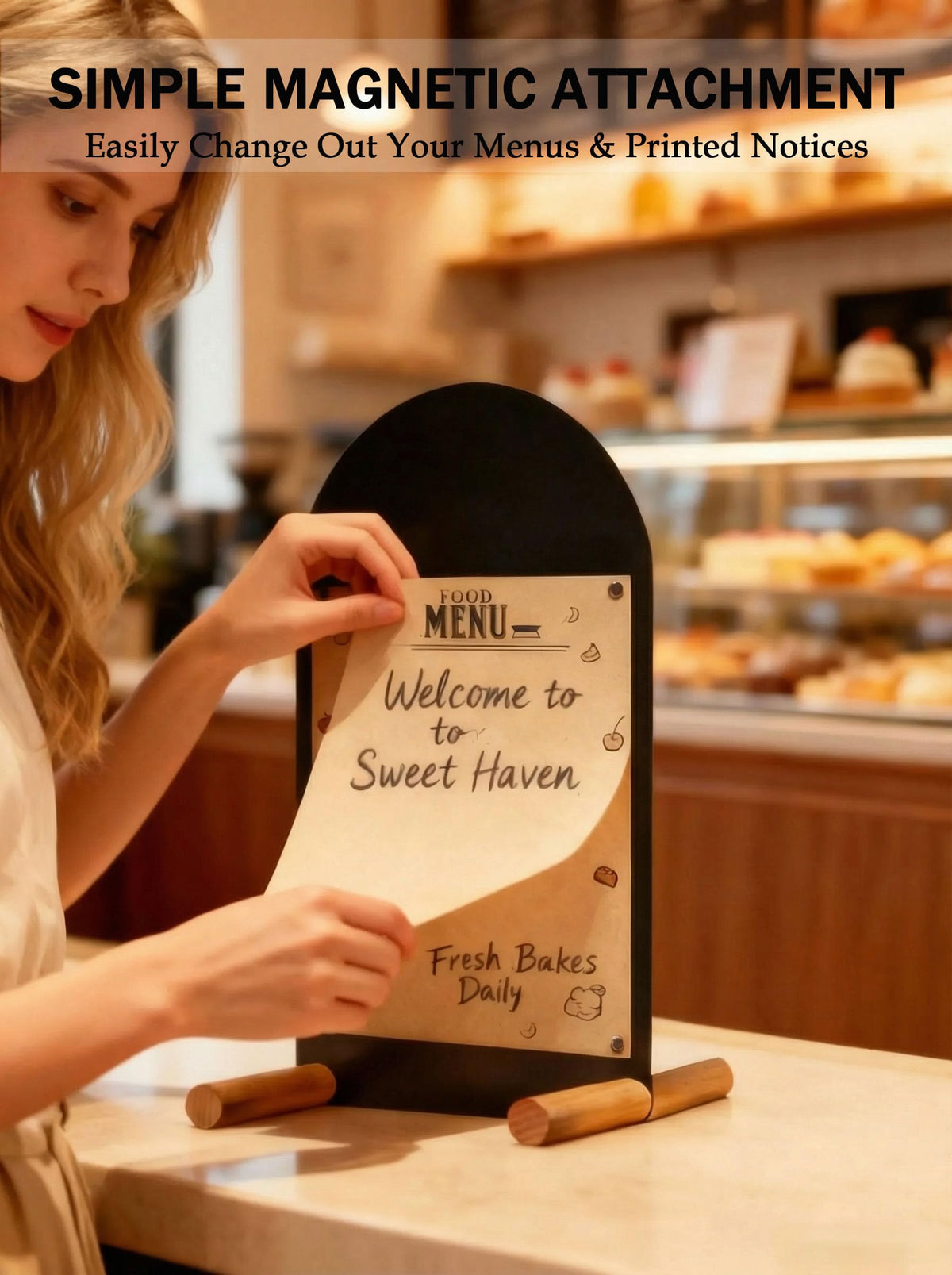 Tabletop Menu Board, A5 Magnetic Metal Sign with Wood Base for Counters Black A5 Vertical (12.2 × 6.7 in)