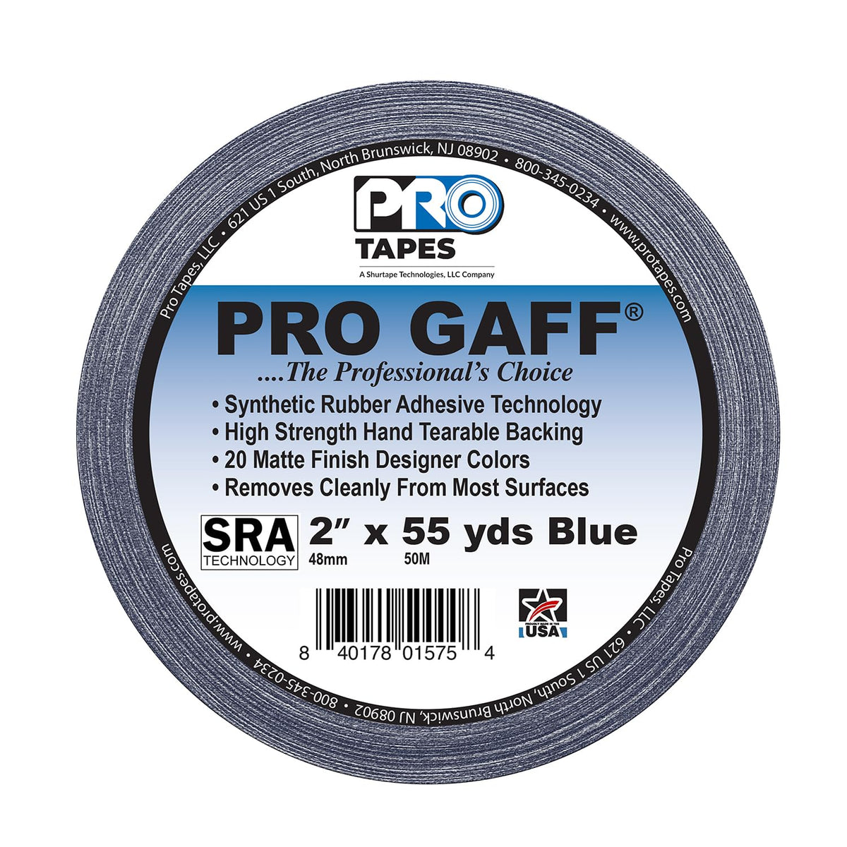 ProTapes Pro Gaff Premium Matte Cloth Gaffer's Tape With Rubber Adhesive, 11 mils Thick, 55 yds Length, 2" Width, Blue (Pack of 1)