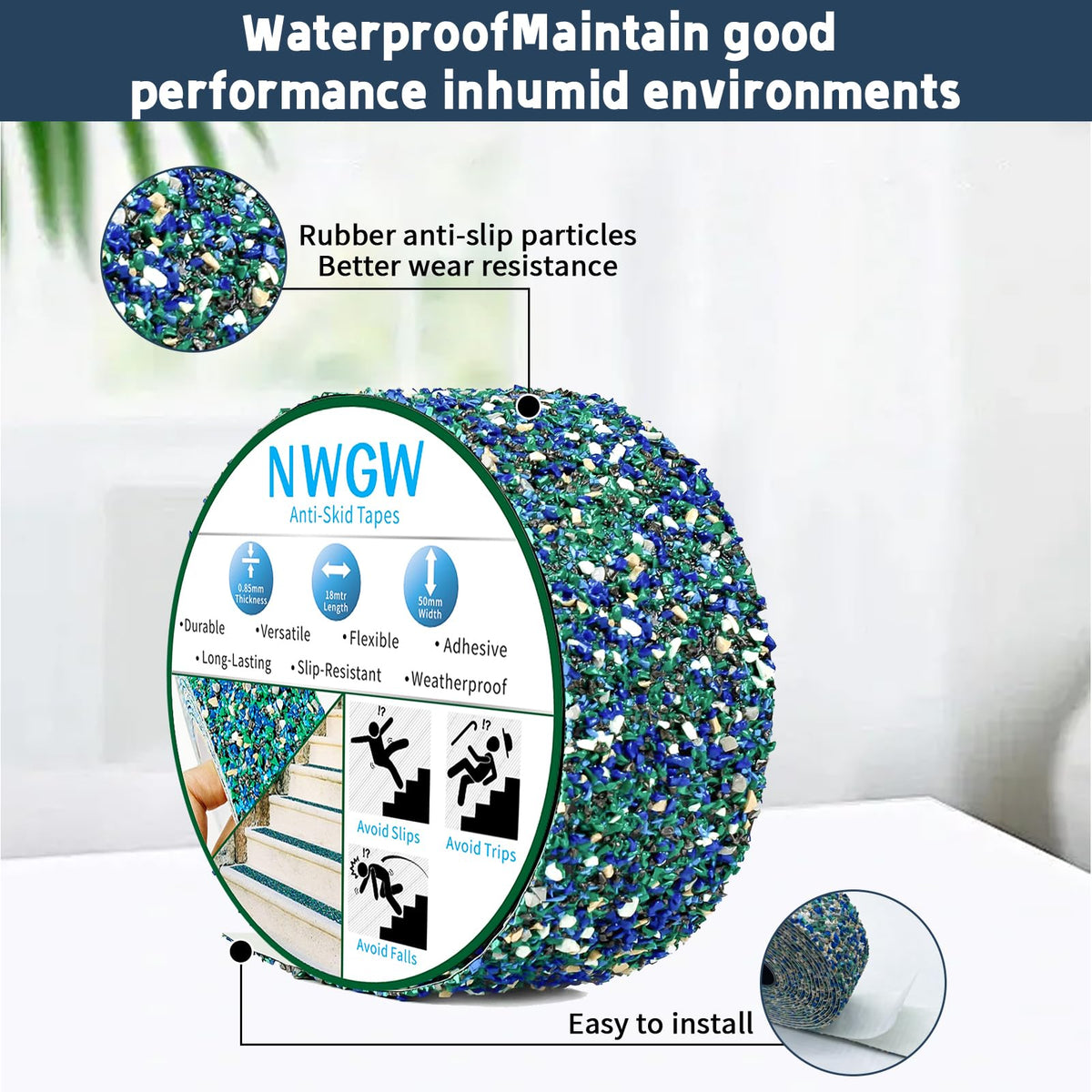 Waterproof Tape for Pools, 2" x15FT Heavy Duty Anti Slip Stair Treads Outdoor Tape Non-Slip Rubber Grip Tape Shower Strips Slip Resistant Tape Traction Tape for Stairs Showers Bathroom Trails 2 IN Blue & Purple