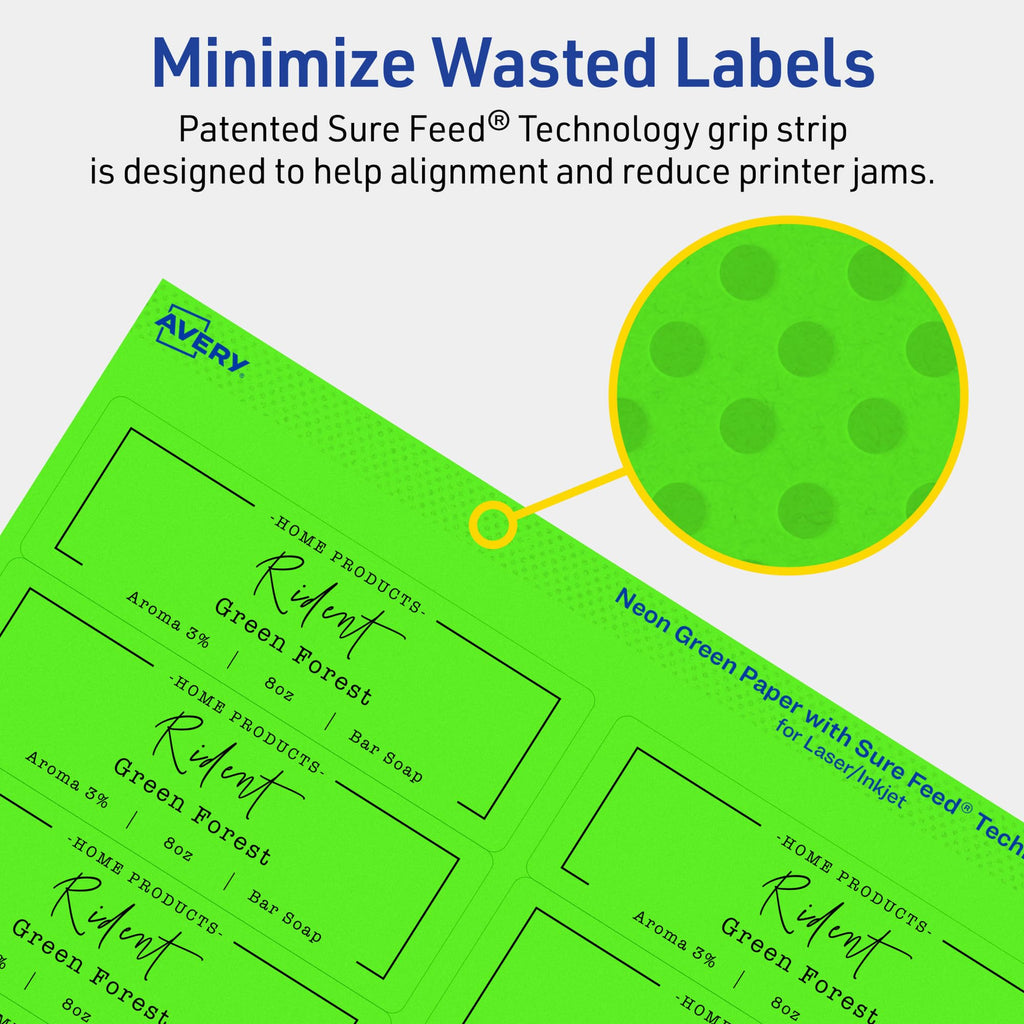 Avery® Printable Rectangle Labels, Sure Feed® Technology, 1-1/3" x 4", Neon Green Labels, Laser/Inkjet Printable, 280 Total, Great for Mailing and Packaging 280 labels
