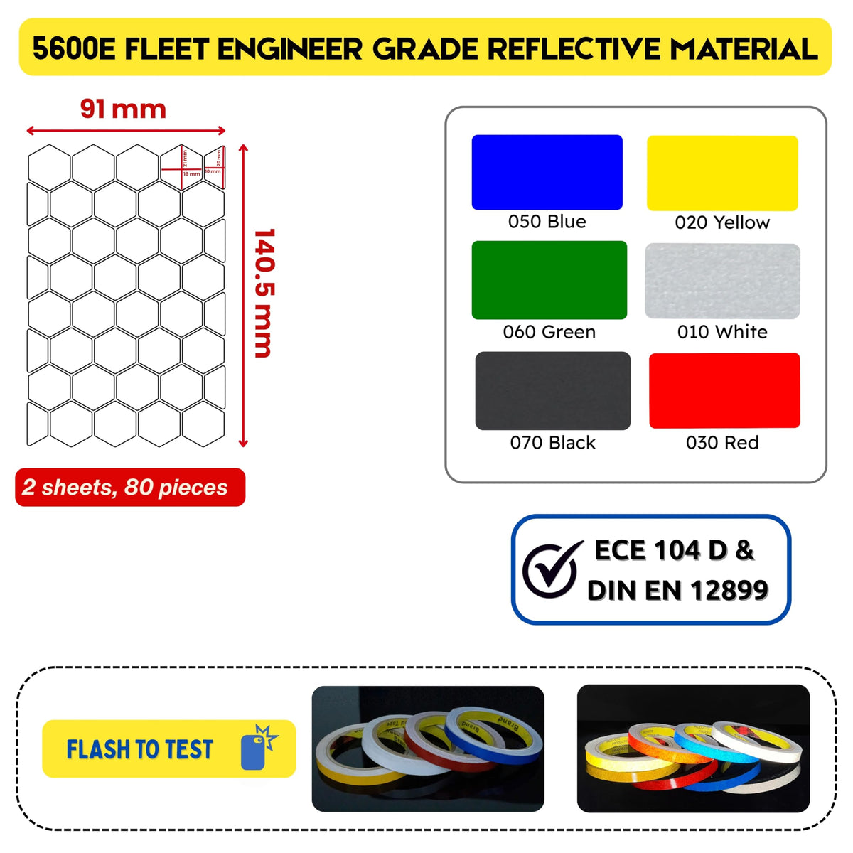 DIN 67520 Hexagon reflectors Reflective Tape Stickers Trailers Cars Motorcycle Fire Helmet Rims Bicycle Decals Vehicles Mailbox Numbers Made with ORA FOL 5600 Material (White, 80Pcs) White