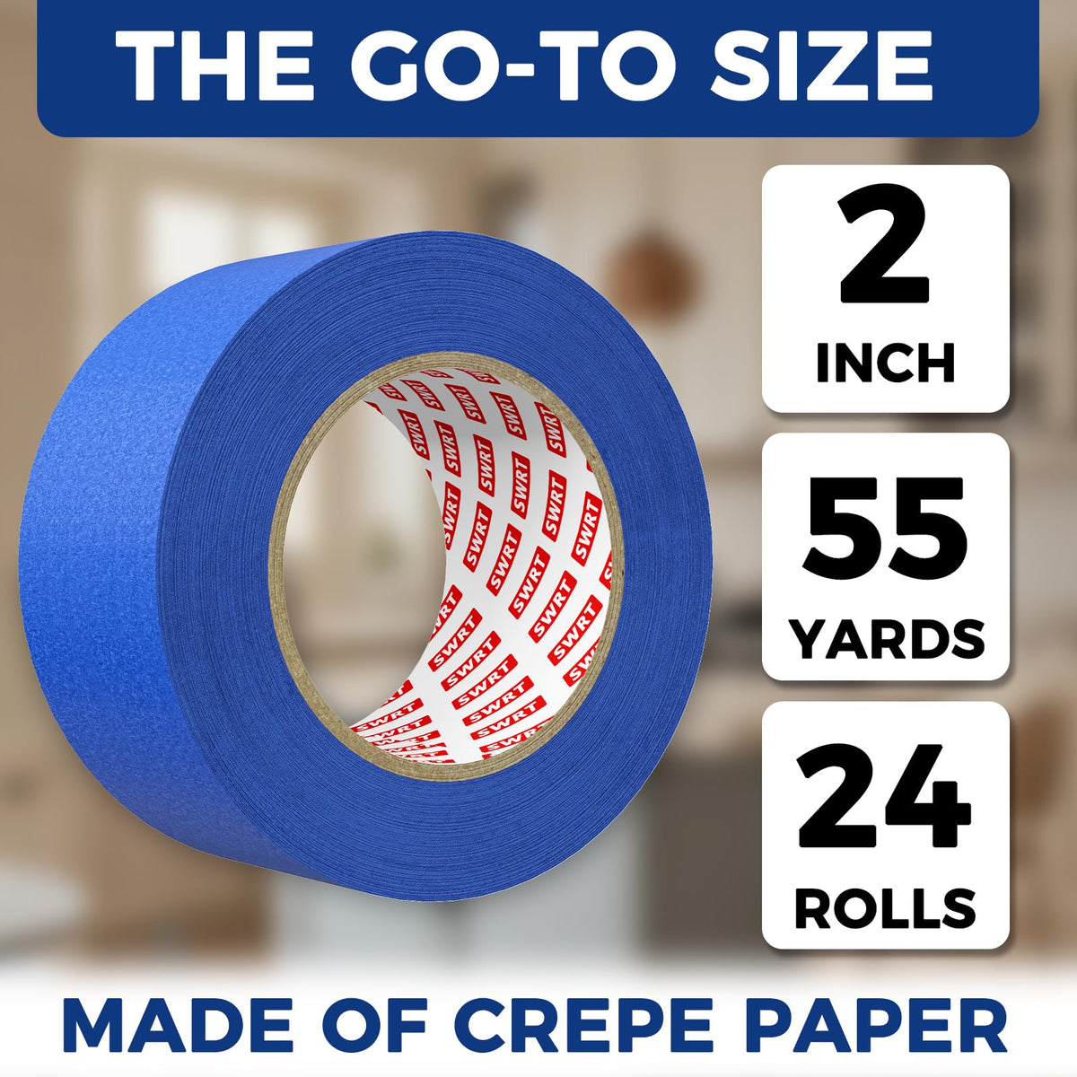 SWRT Blue Painters Tape 2 Inch Wide – 24 Rolls x 55 Yards (1320 Total Yards), Clean Removal Masking Tape for Sharp Paint Lines on Walls, Trim & Baseboards, Easy Tear for DIY & Home Renovation Projects