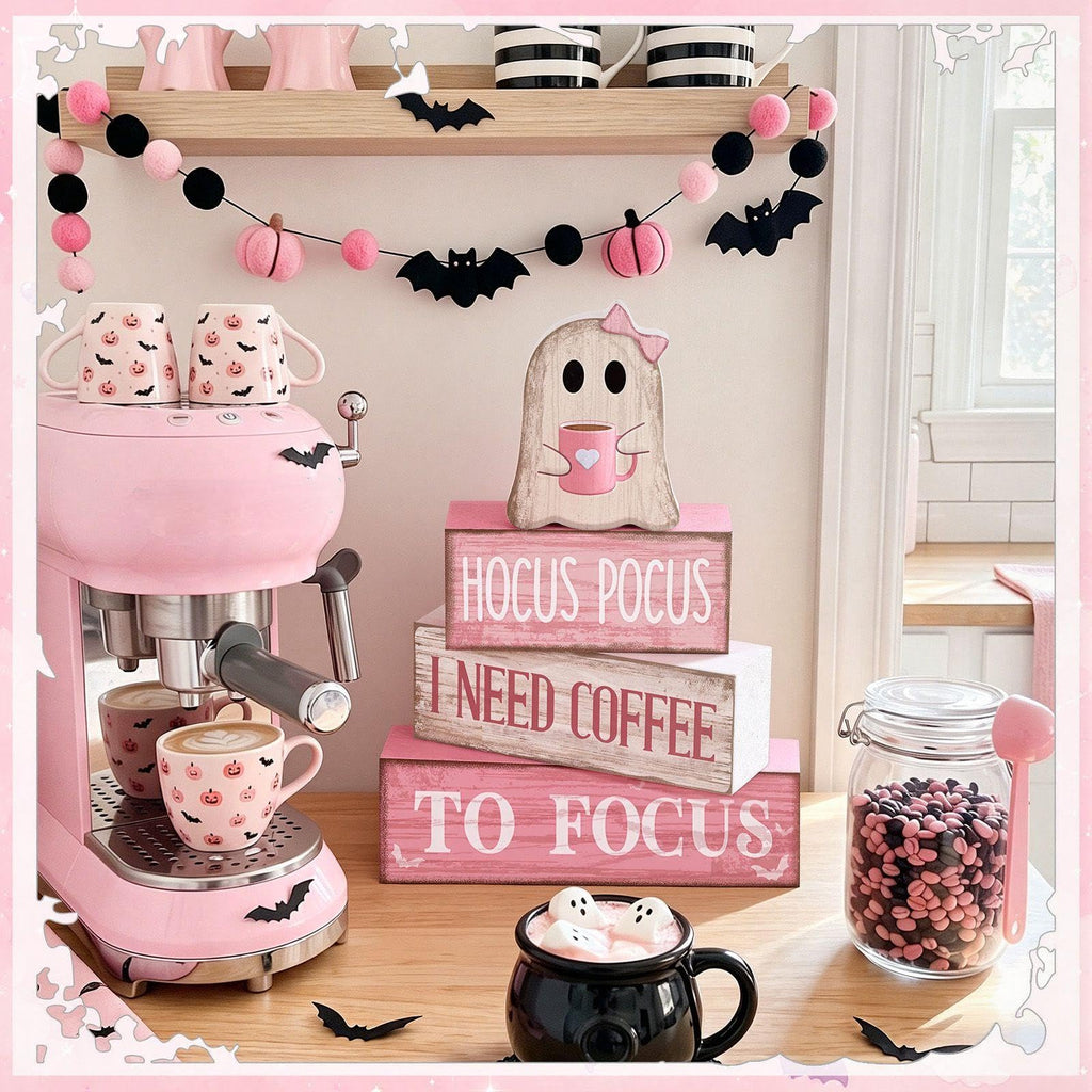 Moucuny 4 Pcs Pink Halloween Table Decor Ghost Wooden Stacked Block Decor Pink Coffee Ghost