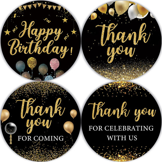 80 Pcs Black Happy Birthday Stickers - Boy Girl Big Milestone Bday Party Decorate Round Party Gifts, Thank You Stickers for Gender Reveal, Baby Shower, Birthday Party