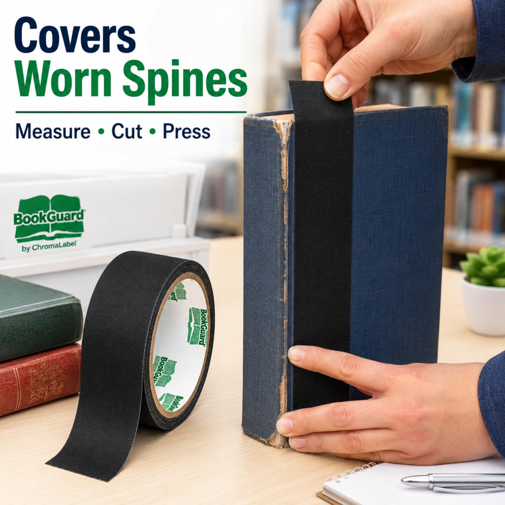 Black BookGuard binding tape, 1.5-inch vinyl-coated cotton cloth for book spine repair and library book restoration.