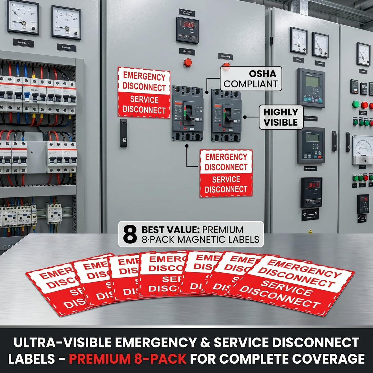NICEXIYAZI-NEC Compliant Emergency Disconnect Stickers, 5 x 3.5 Inch Warning Labels, Service Disconnect Danger Notice Signs for Indoor & Outdoor Electrical Use