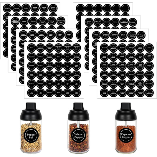 432PCS Black Round Spice Label Stickers, Kitchen Food Organizer Labels, 9.65x9.25 Inch Waterproof Spice Jar Labels