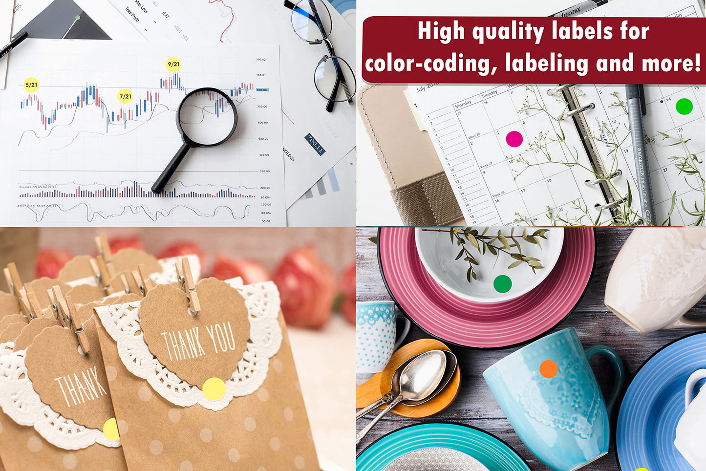 Color Coding Labels ~ 3/4" Diameter (11/16-17mm) Round Dot Stickers in Black, White, Red, Green, Yellow, Pink, Red, Orange, Brown and Blue - 576 Pack Multi_576