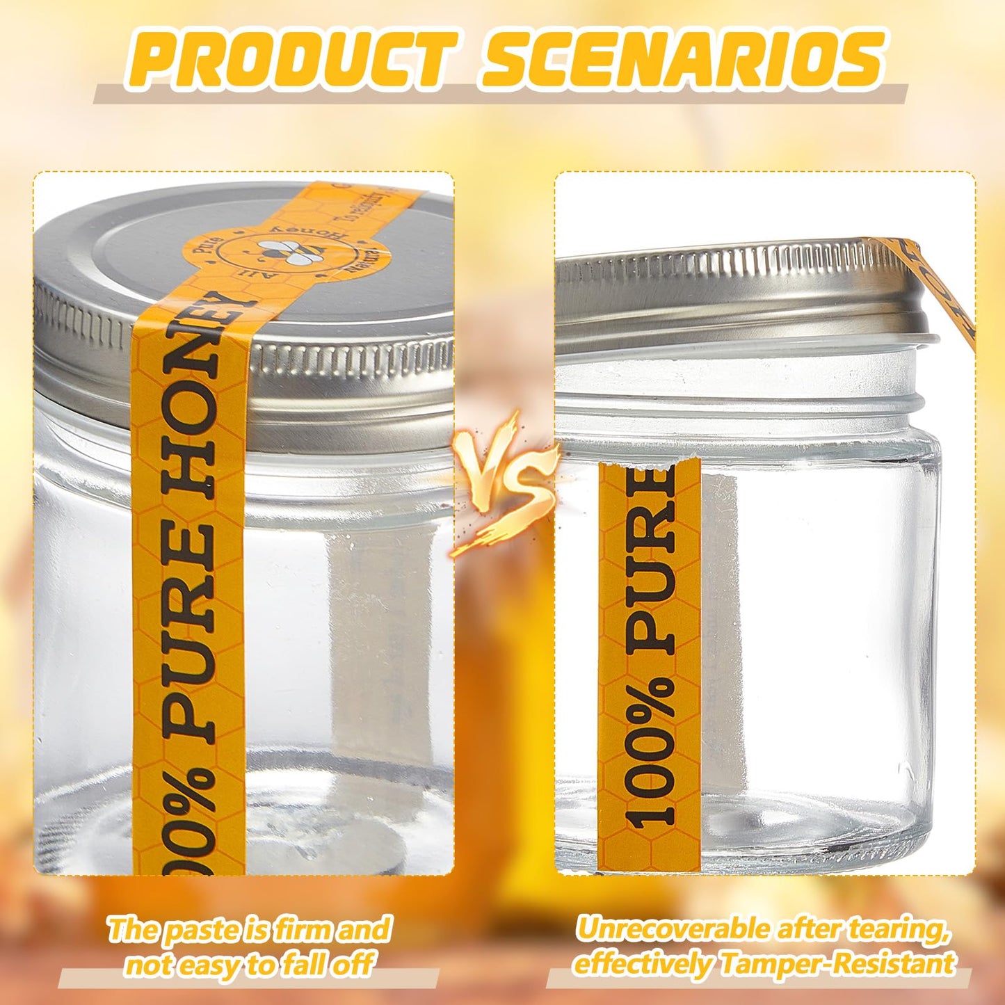 Lincia 1000 Pcs Safe Secure Tamper Proof Stickers for Pure Honey 1 x 9 Inches Tamper Evident Seal Stickers Honey Labels Bee Tape for Bottle Lid Coffee Milk Jars Drink Food Delivery Freshness, 2 Roll
