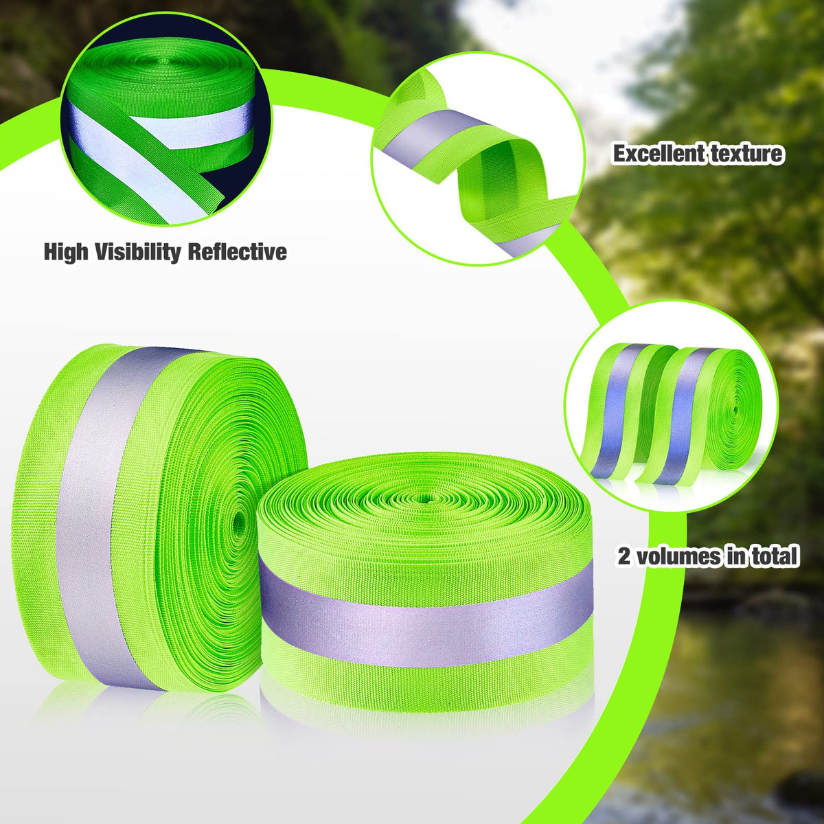 Taiyin 2 Rolls High Visibility Reflective Tape Strip 2'' x 66 ft Sew on Safety Fabric Webbing 2 cm Reflective Width Warning Florescent Safety Tape for Clothes Bags Raincoats(Green) Green