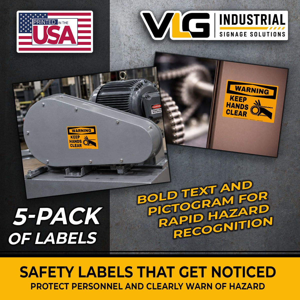 WARNING Keep Hands Clear Safety Labels 5-Pack, OSHA Style Moving Chain & Sprocket Hazard Decals, Industrial Machine Safety Stickers, Waterproof UV Laminated Vinyl, 5"x7" Equipment Warning Labels