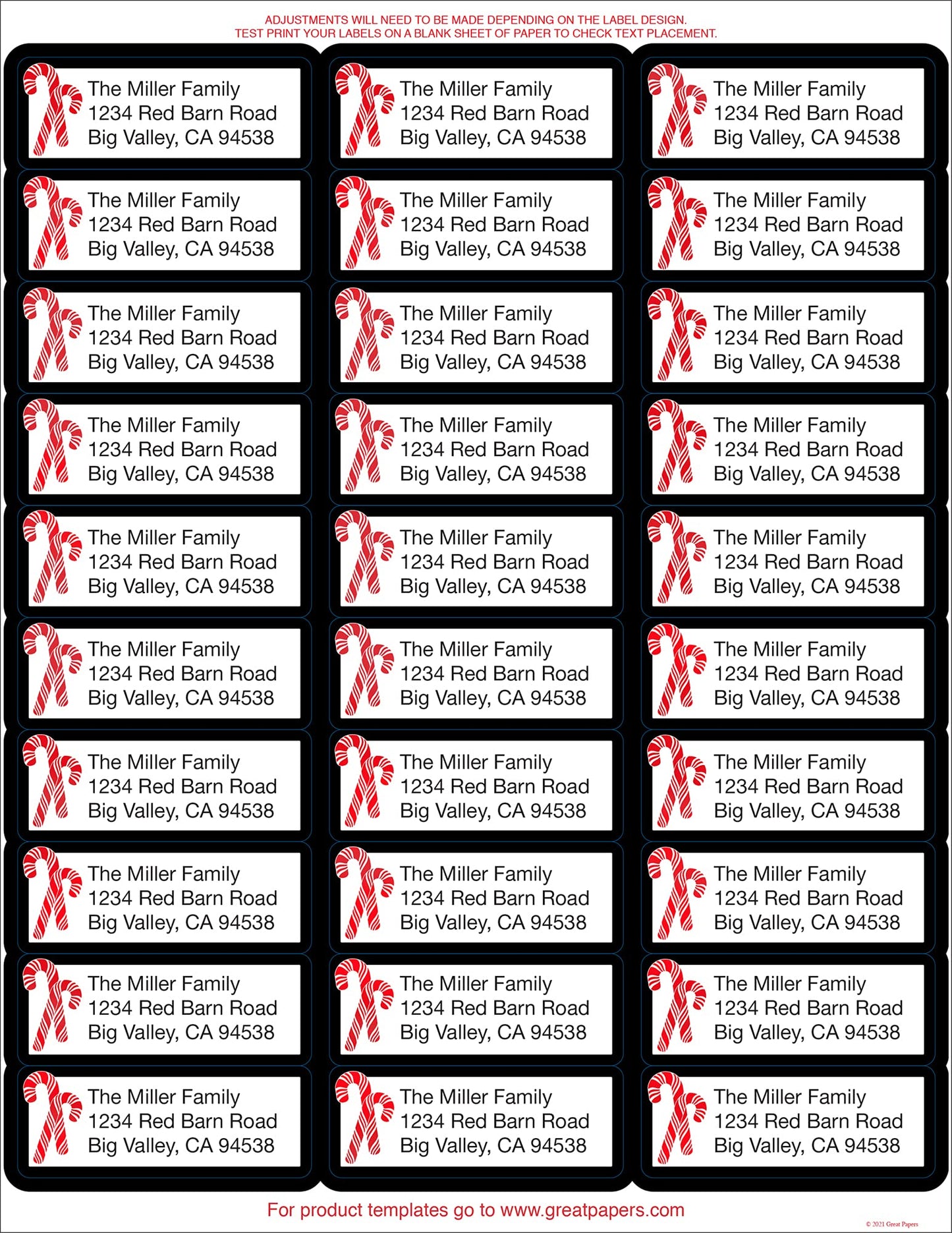 Great Papers! Candy Cane with Red Foil 30-Up Holiday Address Labels, 8.5" x 11" Sheet/1" x 2.625" Labels, 4 sheets/120 Labels (2021101)