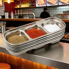 6 Pcs Stainless Steel 3-Compartment Condiment Tray – Korean Style Soy Sauce Dish for BBQ, Banchan, Spices, Salt, Sugar – Stackable Divided Server for Home & Restaurant Use