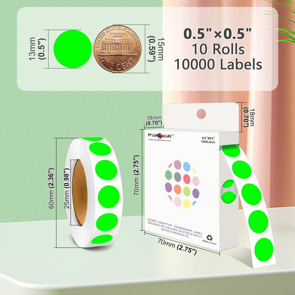 10000Pcs Fluorescent Green Dot Stickers, 1/2" Round Circle Label Permanent 10 Rolls-10000PCS