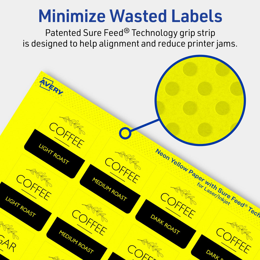 Avery Printable Square Labels, Sure Feed Technology, 1-1/2" x 1-1/2", Neon Yellow Labels, Print-to-The-Edge, Laser/Inkjet Printable, 400 Total, Great for Jars and More 400 labels