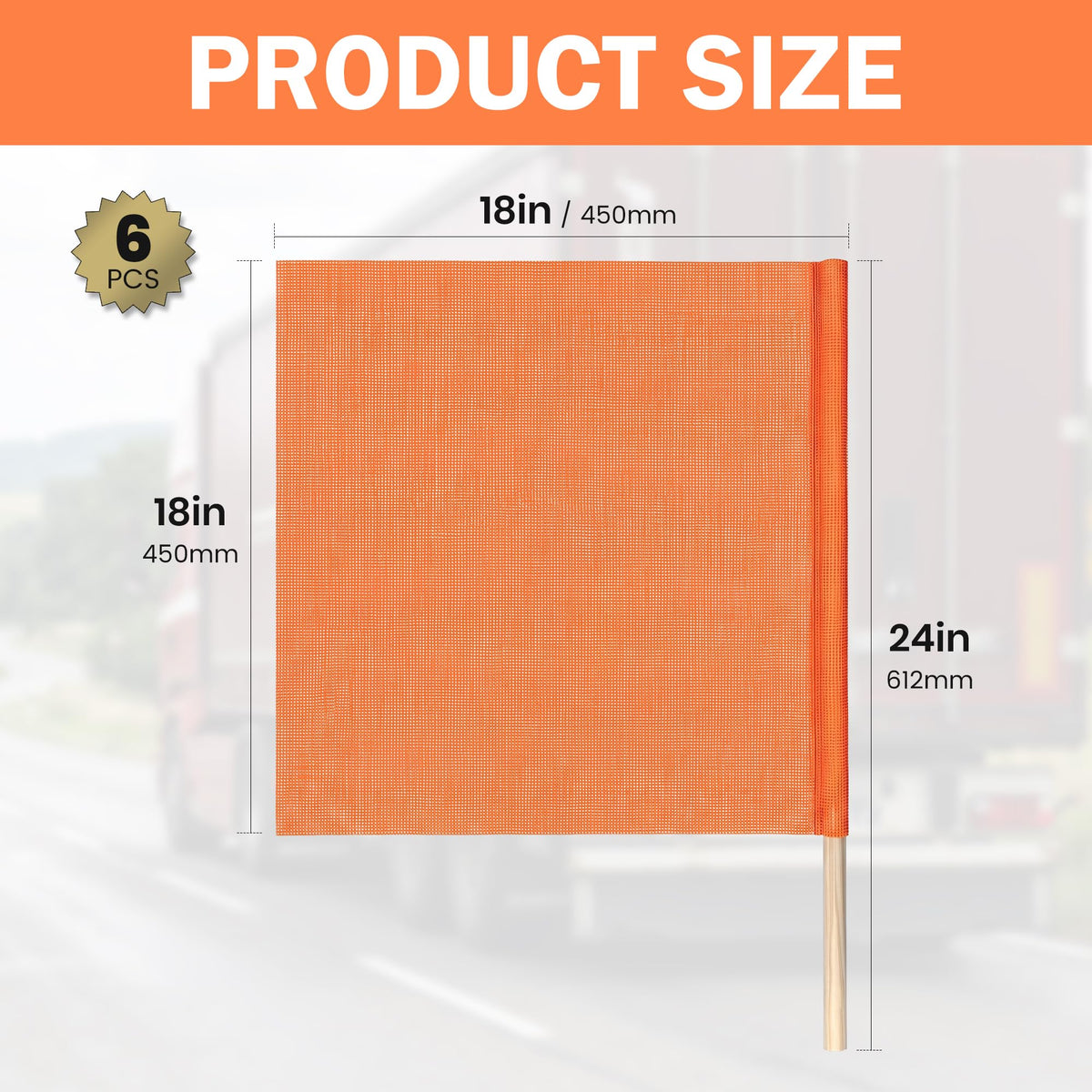 6 Pack 18"x18" Orange Safety Flags for Trucks with Dowel Fluorescent Orange 18"L x 18"W