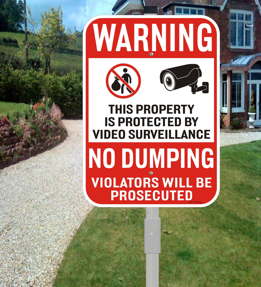 2Pack No Dumping Sign,14" x 10" Property Protected By Video Surveillance Sign with 36" Alloy Stakes, Rust Free &Fade Resistant Heavy Reflective Aluminum,Included Mounting Screw Kit.