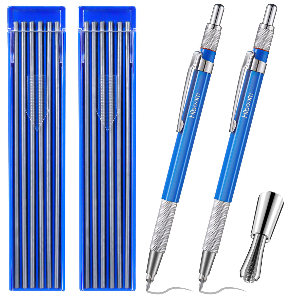 Hiboom 2 Pcs Welders Pencil with 24 Pcs Silver Round Refills, Mechanical Pencils Metal Marker with Built in Sharpener for Pipe Fitter Welder Steel Construction Fabrication Woodworking, Design Patent