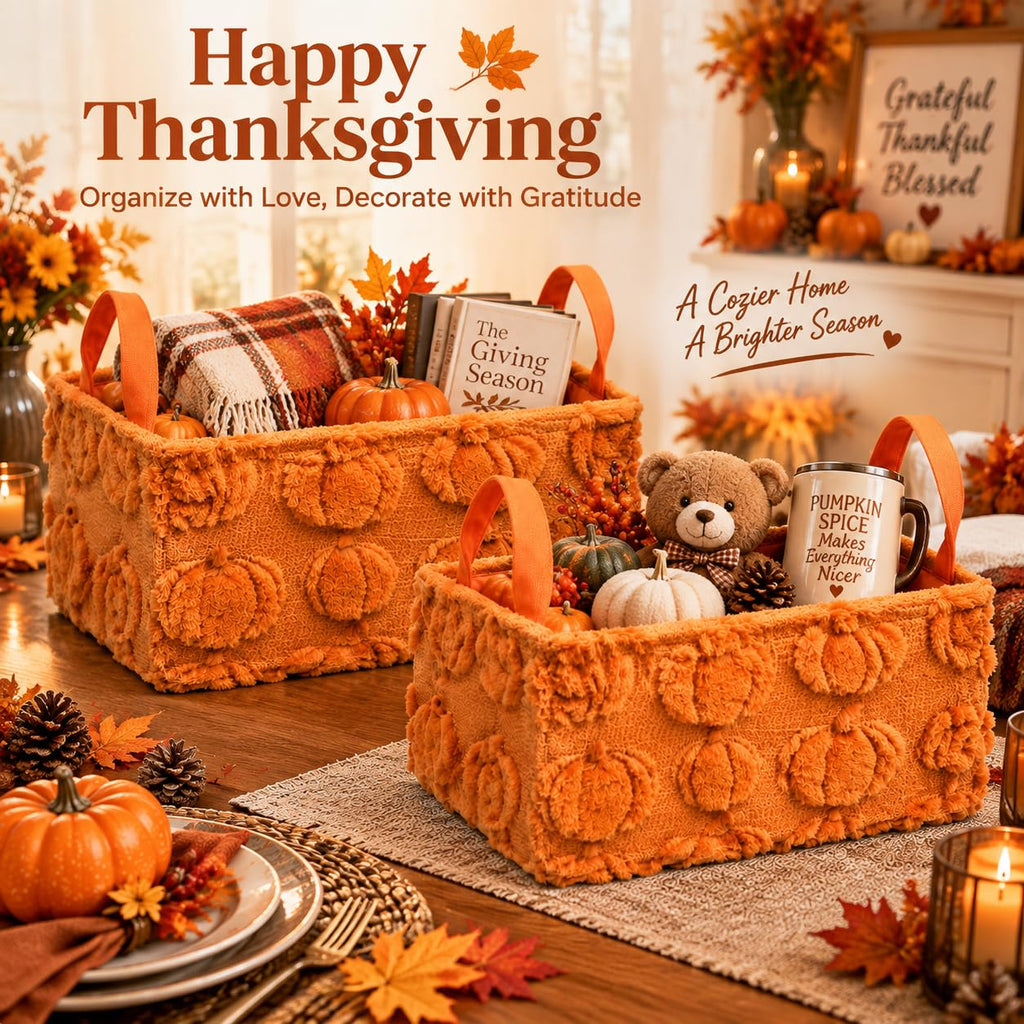 2 Pack Pumpkin Storage Baskets, 14x10'' Fall with Handles Orange-Pumpkin
