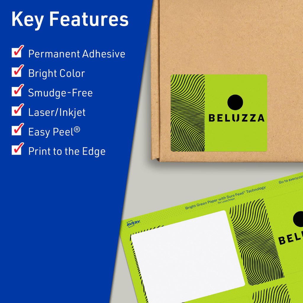 Avery® Printable Rectangle Labels, Sure Feed® Technology, 4-3/4" x 3-3/4", Bright Green Labels, Print-to-The-Edge, Laser/Inkjet Printable, 80 Total, Great for Shipping and Packaging 80 labels