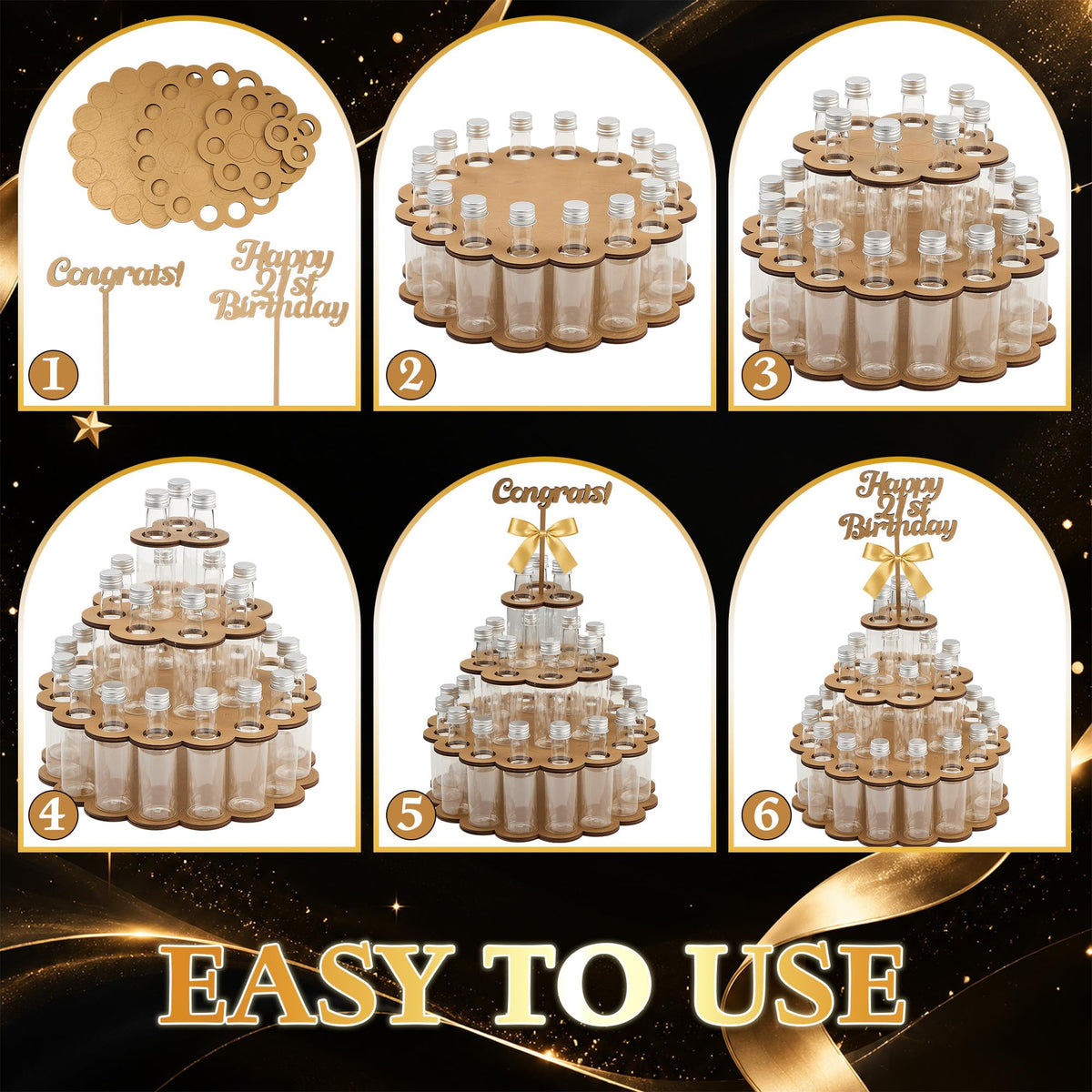 Mini Liquor Bottle Cake Wood Shelf Party Centerpiece Display, Gold