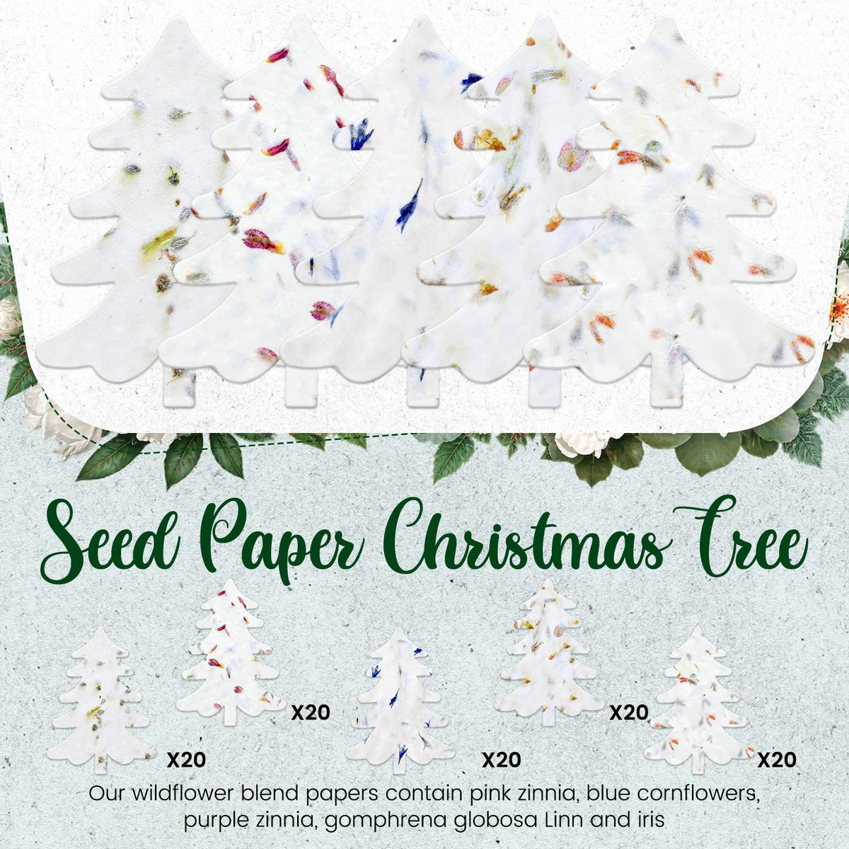 Dunzoom 100 Pcs Handmade Wildflower Seed Paper Tag, Christmas Tree Shape