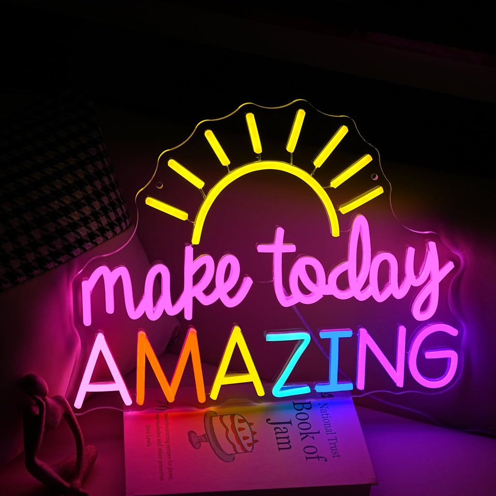GNVETZLL Make Today Amazing Neon Sign Yellow Sunrise Neon Light Inspirational Letter Neon Light Up Sign Boho Wall Art LED Light Sign for Party Birthday Cafe Wedding Gym Half the Sun