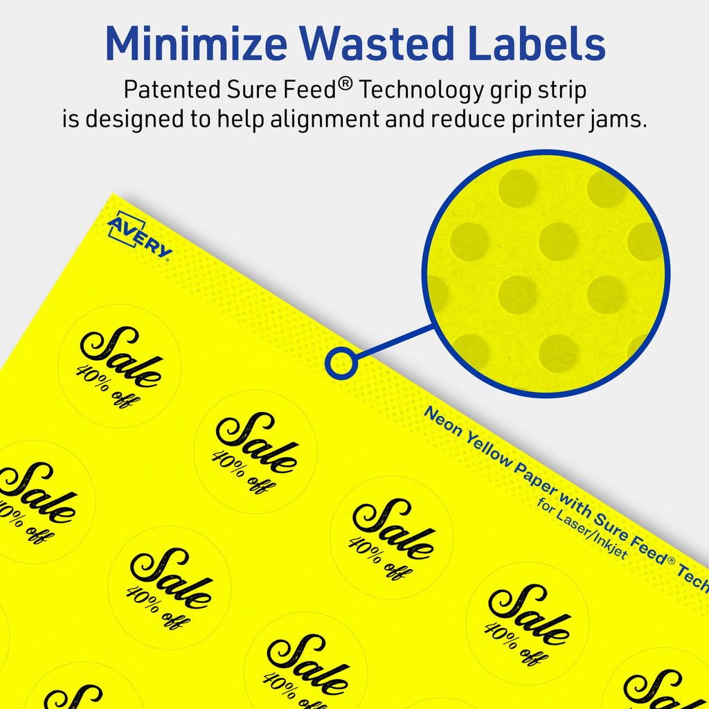 Avery Printable Round Labels, Sure Feed Technology, 1-1/4" Diameter, Neon Yellow Labels, Print-to-the-Edge, Laser/Inkjet, 600 Total, Great for Price Stickers and Mailing Seals 600 labels